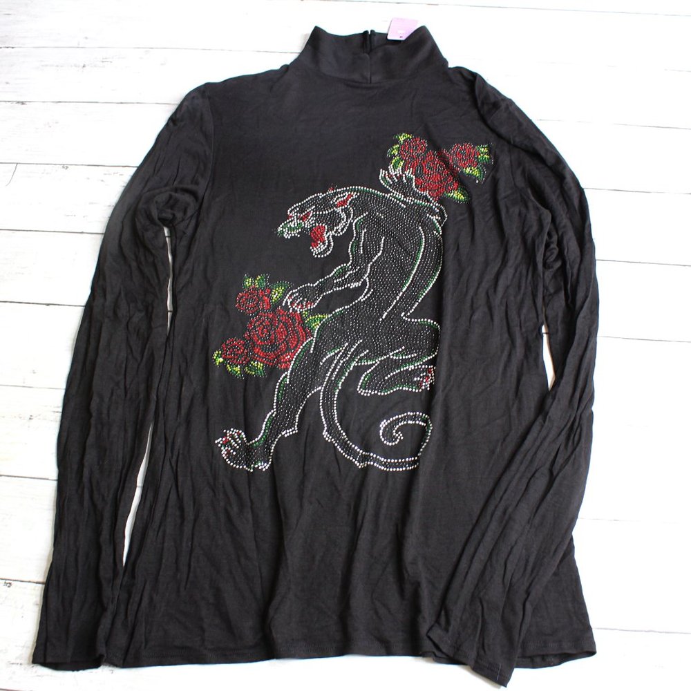 Vintage Womens Top Size S Black High Neck Black Panther Rhinestone